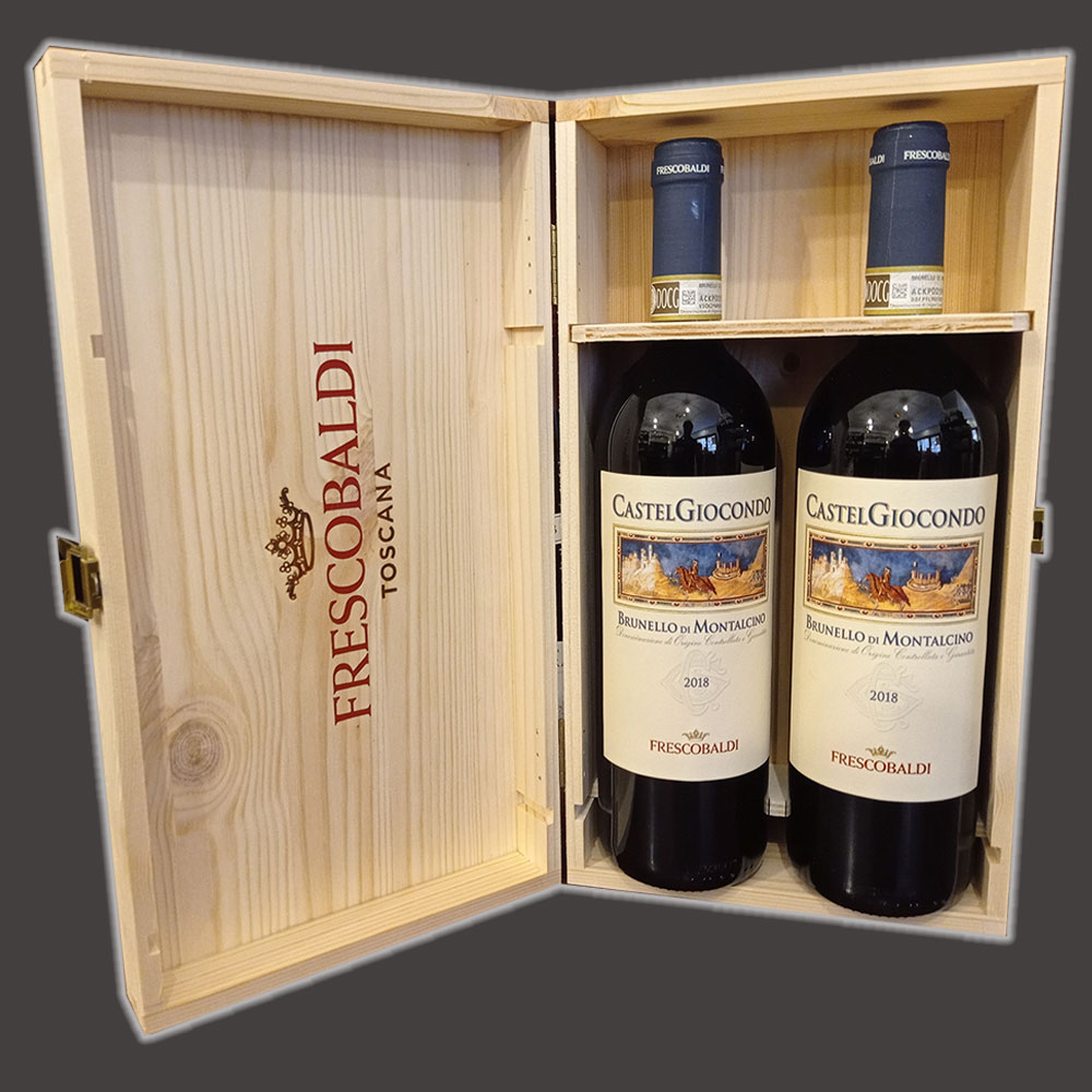 vendita Brunello di Montalcino CastelGiocondo di Frescobaldi in cassetta di legno da 2 bottiglie